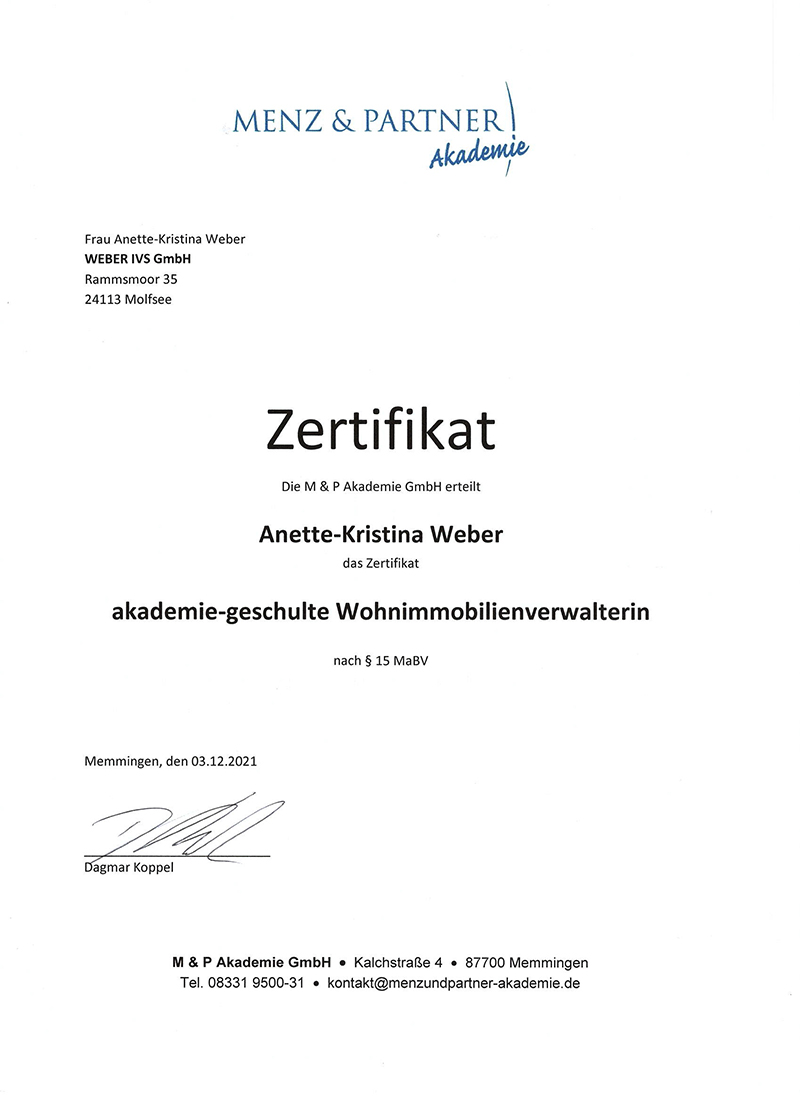 Zertifikat akademie-geschulte Wohnimmobilienverwalterin